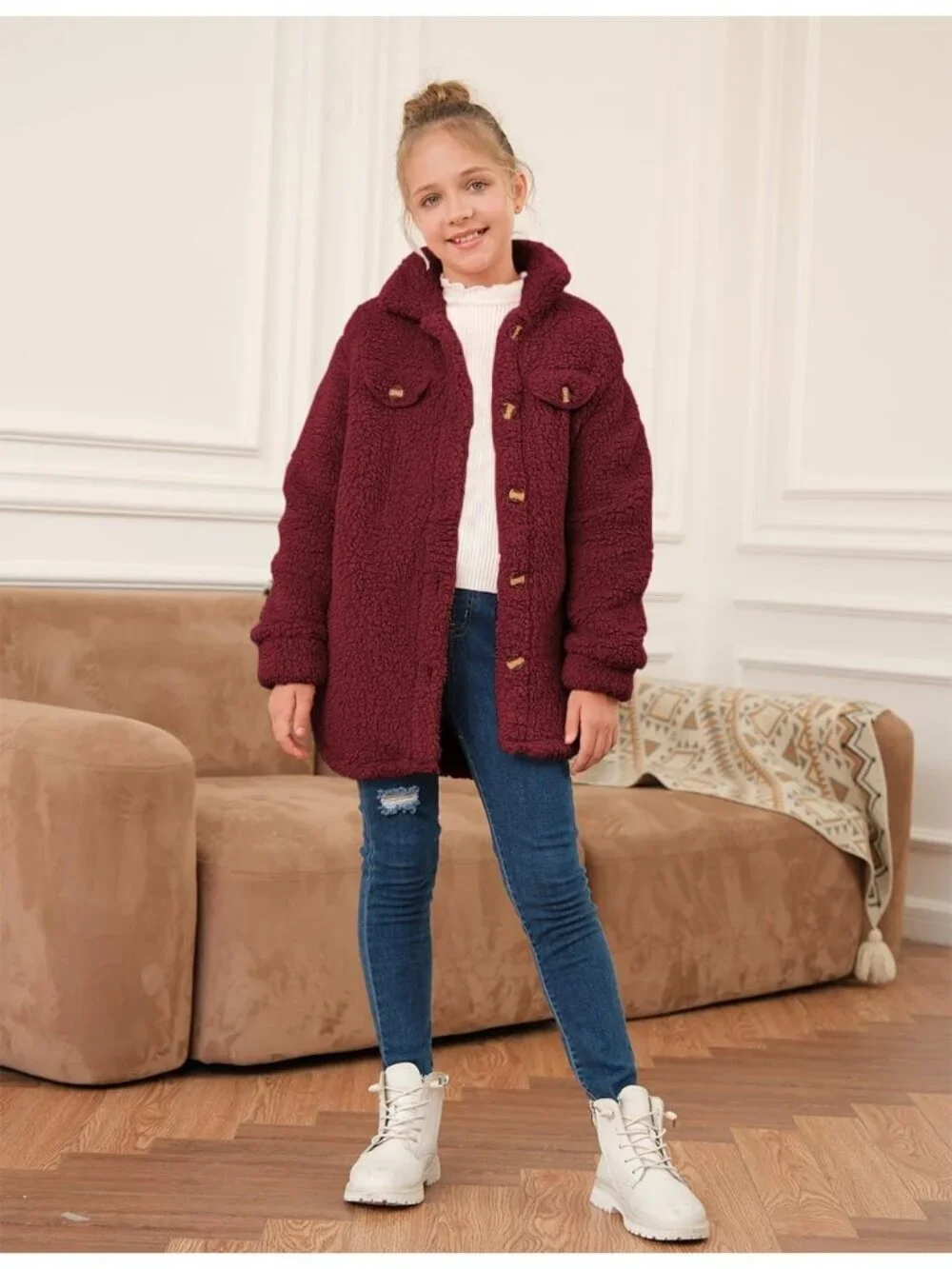 Kids Girl's Wine Red Polyester Casual Button Down Sherpa Faux Fur Fleece Jacket